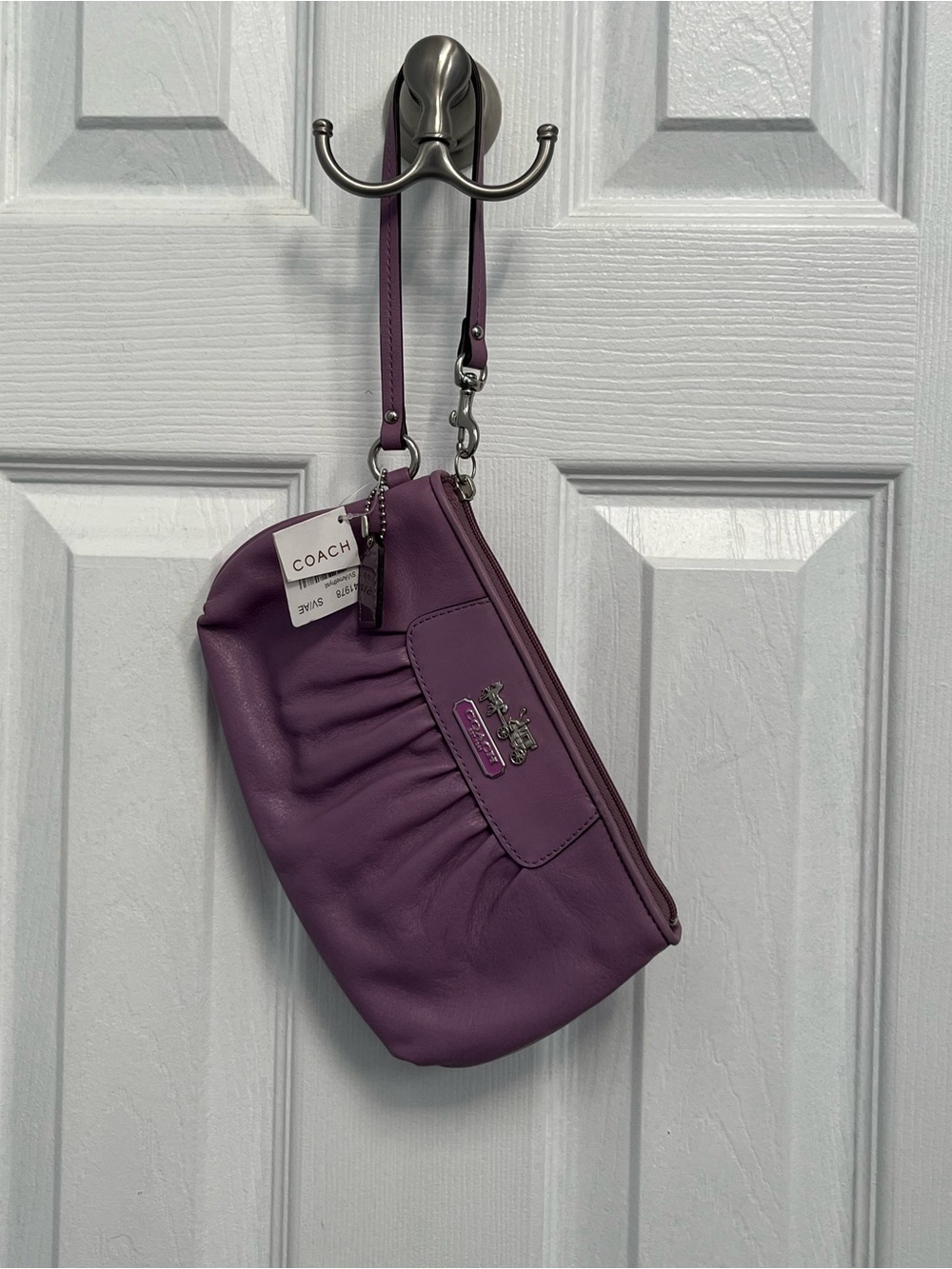 Coach Madison Amethyst Purple Pleated Leather Wristlet Clutch Large New